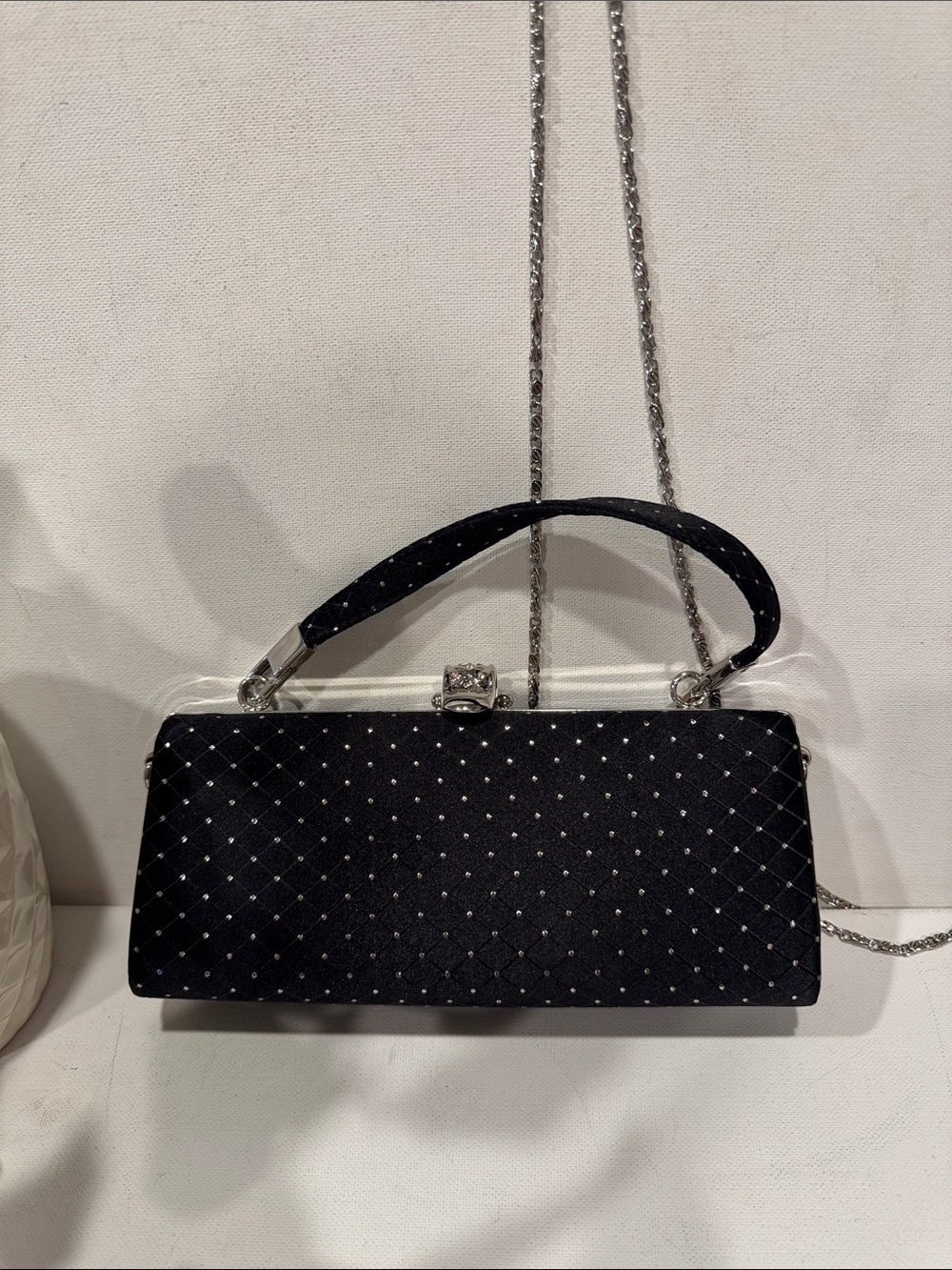 Evening Black Rhinestone Satin Clutch Handbag